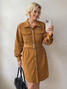 Vivie Lora Women's Corduroy Shirt Dress With Belt, Mid-Length School - Orange - View 2
