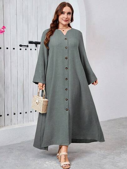 SHEIN Najma Elegant & Comfortable Fabric Button Decor Women Loose Dress Dress Modest Cotton Dress Plus Size Linen Dresses For Women Casual Long Dress Elderly Women Dresses