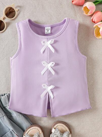 Sparklyn Young Girl Summer Casual Contrast Color Bow Decor Slit Hem Ribbed Tank Top