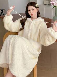DAZY Thick Fleece Hooded Loose Women's Robe, Fall Winter Fluffy, Cozy - Beige - View 7