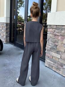 2pcs Tween Girls' Casual & Formal Striped Vest And Long Pants Set - Grey - View 2