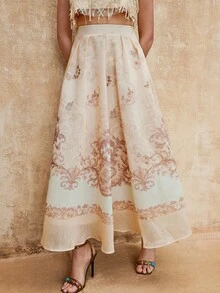 Lumalex VITNOS New Spring Collection, Luxury Vintage-Inspired Floral Border Print High-Waist Maxi Skirt – Lightweight Sheer Chiffon, Soft A-Line Silhouette, Elegant Flowing Hem, Summer Resort & Occasion Wear, New Year Glamour, Brown Skit, Elegant For Parties, New Year Parties, Holiday Party Guide, Elegant Skirt - Multicolor - View 8