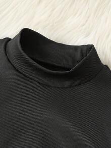Solid Mock Neck Dress& Fuzzy Vest Coat - Black - View 5
