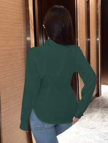 SHEIN LUNE 女士纯色不对称下摆交叉裹身优雅长袖女式衬衫 - 綠色 - 查看 2