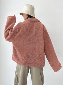 EURMUSE Women Casual Versatile Solid Color Fluffy Regular Jacket - Baby Pink - View 2