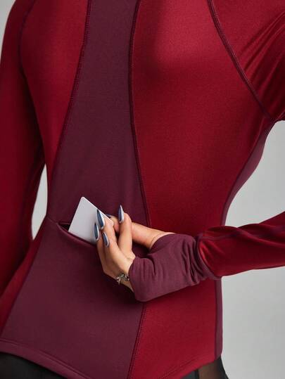 Innovista Woman Red Burgundy Fitness Brush Jacket Color Block With Breathable Mesh Design Body Sculpting Zip Up Workout Clothes Fitted Athletic Stretchy Yoga Exercise Suit Fall Sports Daily Athleisure Office To Gym Club Work From Home Running Biker Lightweight Office To Court Brunch To Gym HIIT Training Comfort Movement Cycling Cross Fit Outdoor Exercise Healthy TT Viral IG Reel Fall New Style Women Utilitarian Chic, Cozy/Winter Layering