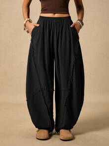 Easelle 女式休闲时尚街头时尚简约纯色松紧腰毛边香蕉裤 - 黑色 - 查看 4