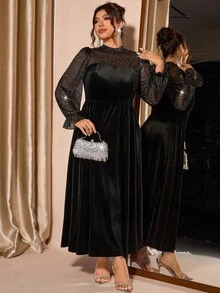 Cravure Plus Size Women Mesh & Velvet Elegant Puff Sleeve Dress, Waist Cinched, Suitable For Party