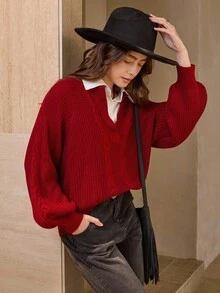 Wildy Casual American Country Street Fashion Christmas & New Year Red Polo Collar Cable Knit Sweater Autumn Winter Clothes For Women - Red - View 4