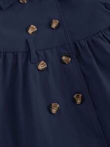 SHEIN Áo khoác blazer dáng dài vừa phải lót nhiệt màu trơn dễ thương cho bé gái, mùa thu/đông - Màu xanh hải quân - Xem 3