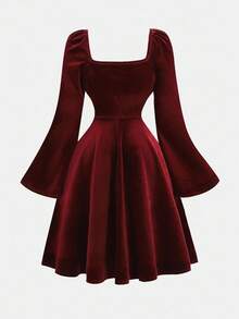 Girlism Tween Girls Sweetheart Neckline Ruffle Bust Pleated Flare Sleeve Velvet Autumn Dress, Winter, Y2K, Red - Burgundy - View 2