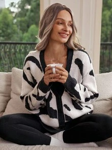 Louniche Black & White Floral Knitted Wool Cardigan For Women, Autumn/Winter - Black - View 1