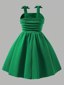 Girls Elegant Solid Color 3D Bow Shoulder Ruffle Strap Dress, Suitable For Outings, Parties And Events, Spring/Summer - Green - View 2