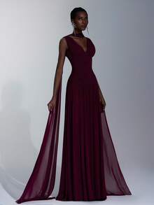 Elitara 优雅的勃艮第光泽网眼 V 领褶饰超喇叭 A 字裙（可拆卸悬挂雪纺荷叶边），适合约会、单身派对、婚礼、正式活动、伴娘礼服 - 酒紅色 - 查看 9