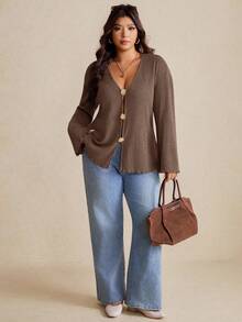 Elaquor Plus Size Pearl Button Deep V-Neck Long-Sleeved Knitted Coat Clothing Cardigans Brown Sweaters Curve Cardigan Earthy Size/Spring Fall - Coffee Brown - View 4