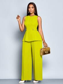 SOLERSUN 2pcs/Set Minimalist Solid Color Sleeveless Top And Wide Leg Pants Suit, Commuting - Green - View 6