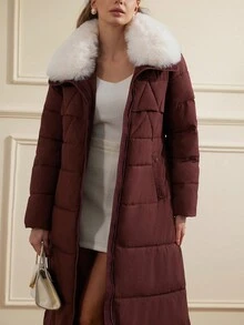 GENKIRA Fashionable Versatile Waist Belt Slim Fit Detachable Faux Fur Collar Padded Coat For Women - Red - View 4
