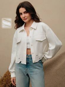 Anewsta Women's Short Embroidered Denim Jacket, Lightweight, Modern, White, Autumn/Winter - White - View 1