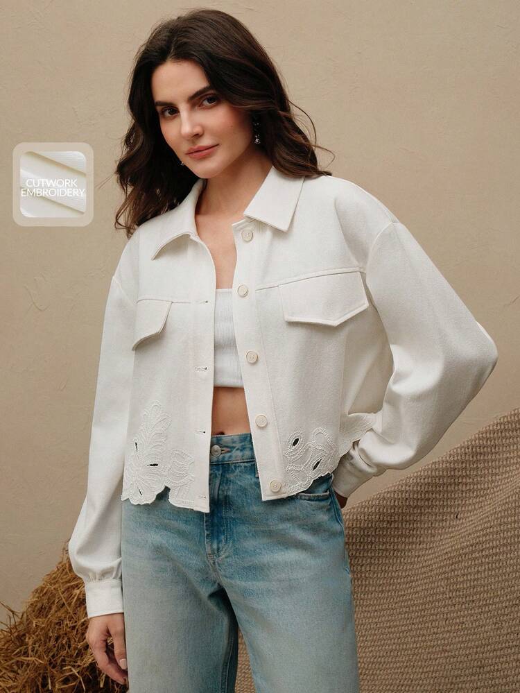 Women's Short Embroidered Denim Jacket, Lightweight, Modern, White, Autumn/Winter