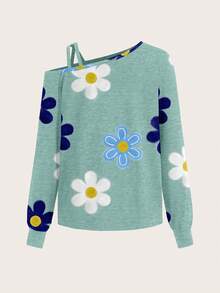 SHEIN LUNE 1 Stück Damen Lässig Retro Blume Muster Langarm T-Shirt, geeignet für Herbst/Winter