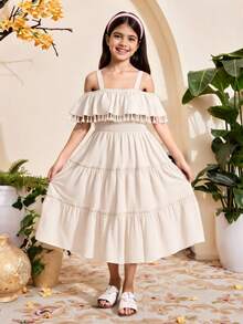 SHEIN Tween Girl Cold Shoulder Ruffle Hem Cami Dress - Apricot - View 1