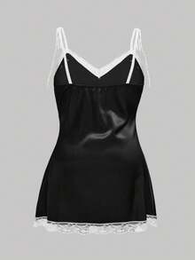 ROMWE Avant 大码女式蕾丝拼布休闲无袖系带连衣裙 - 黑色 - 查看 2