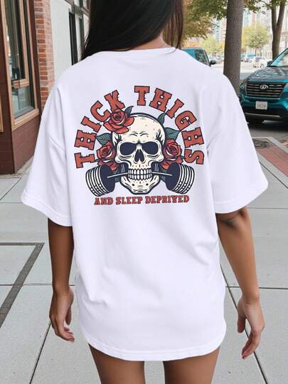 INAWLY 大码女式骷髅字母图案休闲宽松圆领落肩 T 恤