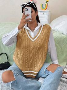 Vionelle 秋季大码女式休闲V领针织背心 - 黃色 - 查看 4