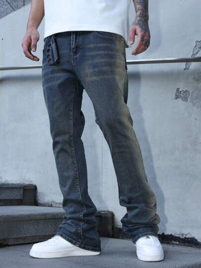 Manfinity Roughcore Men's Horseshoe Embroidered Flared Jeans, Casual Street Style Pants For All Seasons Stretch Vintage Washed Grey For Distressed Jeans