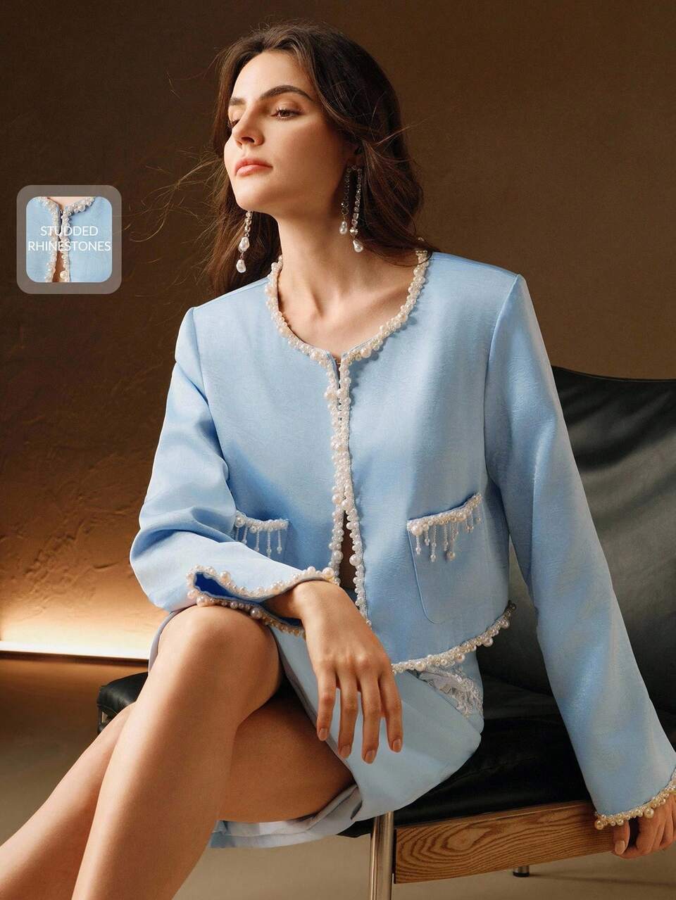 Light Blue Autumn Ellegant Wedding Guest Women's Winter Jacket,Handmade Pearl Beaded Collarless Jacket,Formal Party Chic New Year Christmas Work Wear
