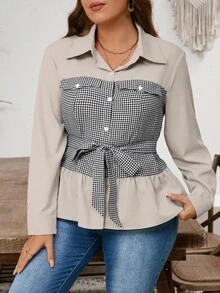 Lacomfia Chaqueta larga de mujer de talla grande, elegante, casual y cómoda con diseño de patchwork - Caqui - Ver 5