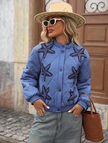 Brillora Abrigo casual acolchado para mujer con estampado de estrella de mar y diamante, cuello abierto, adecuado para salidas y vacaciones, otoño/invierno
