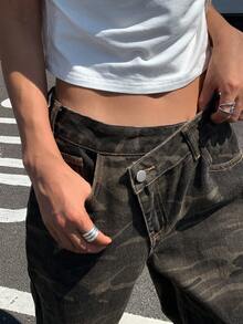 DAZY 女士低腰迷彩裤，时尚腰带直筒休闲牛仔裤 Y2k - 軍綠色 - 查看 5