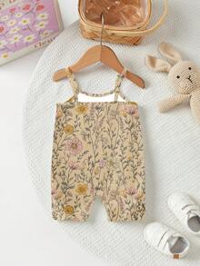 SHEIN LMoss Kids 可愛波西米亞碎花女嬰連身褲 米色 夏季 莊重 度假休閒 秋季穿搭 舒適好穿 時尚圖案服飾 返校季 - 彩色 - 查看 2