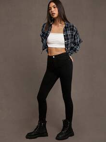 SHEIN Essnce Áo sơ mi kẻ caro cài nút dáng rộng thoải mái dành cho nữ - màu đen - Xem 4