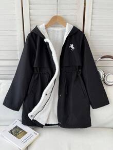 SHEIN Áo khoác parka thêu có mũ trùm đầu cho bé gái tuổi teen, có lớp lót giữ nhiệt, áo khoác mùa thu/đông cho bé gái, áo khoác có mũ trùm đầu màu đen cho bé gái, áo khoác lót lông cừu màu đen cho bé gái, áo khoác có mũ trùm đầu cho bé gái, áo khoác lông cừu thời trang có khóa kéo cho bé gái, áo khoác lông cừu cho bé gái, áo khoác Sherpa cho bé gái màu đen - màu đen - Xem 3