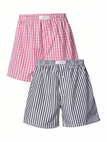 Manfinity Underwear&Sleepwear Basics 2pcs Plus Size Men's Loose & Comfortable Striped Airy Pants (2-Piece Set), Grey & Pink - Multicolor - View 2