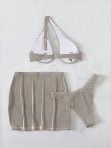 Swim SXY 夏日沙灘剪裁露腰內墊式比基尼 + 沙灘裙套裝 - 卡其色 - 查看 7