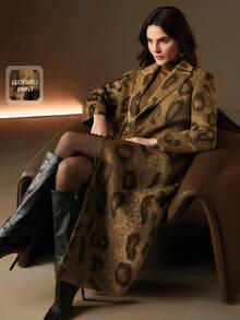 Anewsta Brown Animal Leopard Print Single-Breasted Notched Collar Long Sleeve H-Line Long Overcoat - Brown - View 1