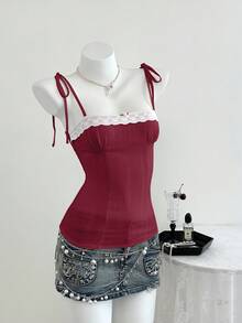 Elamini 春夏女士休闲格子系带腰带吊带背心 - 酒紅色 - 查看 4