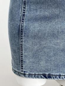 Elamini 女士夏季迷你牛仔連身裙，修身款式，露背領口設計 - 中等水洗藍 - 查看 5