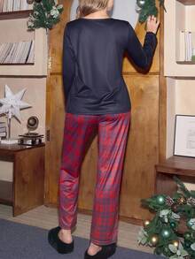 Miss Vinta Casual Cute Plaid Christmas Santa Claus Contrast Print Pajama Set For Women Dark Red,Autumn,Casual,Sleep Long Sleeve Long Pants Pj Sets - Multicolor - View 2