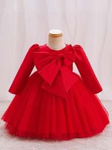 Glamorique Kids Ropa de Navidad para bebé niña, vestido de fiesta de Navidad y cumpleaños para bebé niña, conjunto de otoño de manga larga, vestido elegante rojo con lazo 3D, tul y malla etérea, vestido de princesa esponjoso