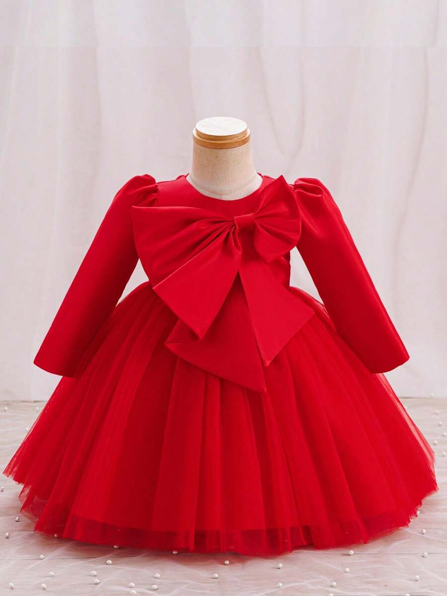 Glamorique Kids Ropa de Navidad para bebé niña, vestido de fiesta de Navidad y cumpleaños para bebé niña, conjunto de otoño de manga larga, vestido elegante rojo con lazo 3D, tul y malla etérea, vestido de princesa esponjoso