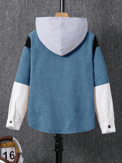 SHEIN 青少年男孩休闲拼色拼接连帽衫，带口袋，适合秋季、春季、冬季，适合户外玩耍、学校、街头风格、派对和休闲穿着，性价比高