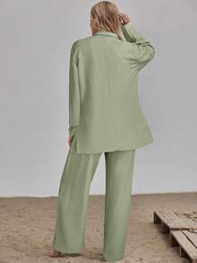 SHEIN LUNE 休闲百搭纯色衬衫和裤子套装 - 綠色 - 查看 2
