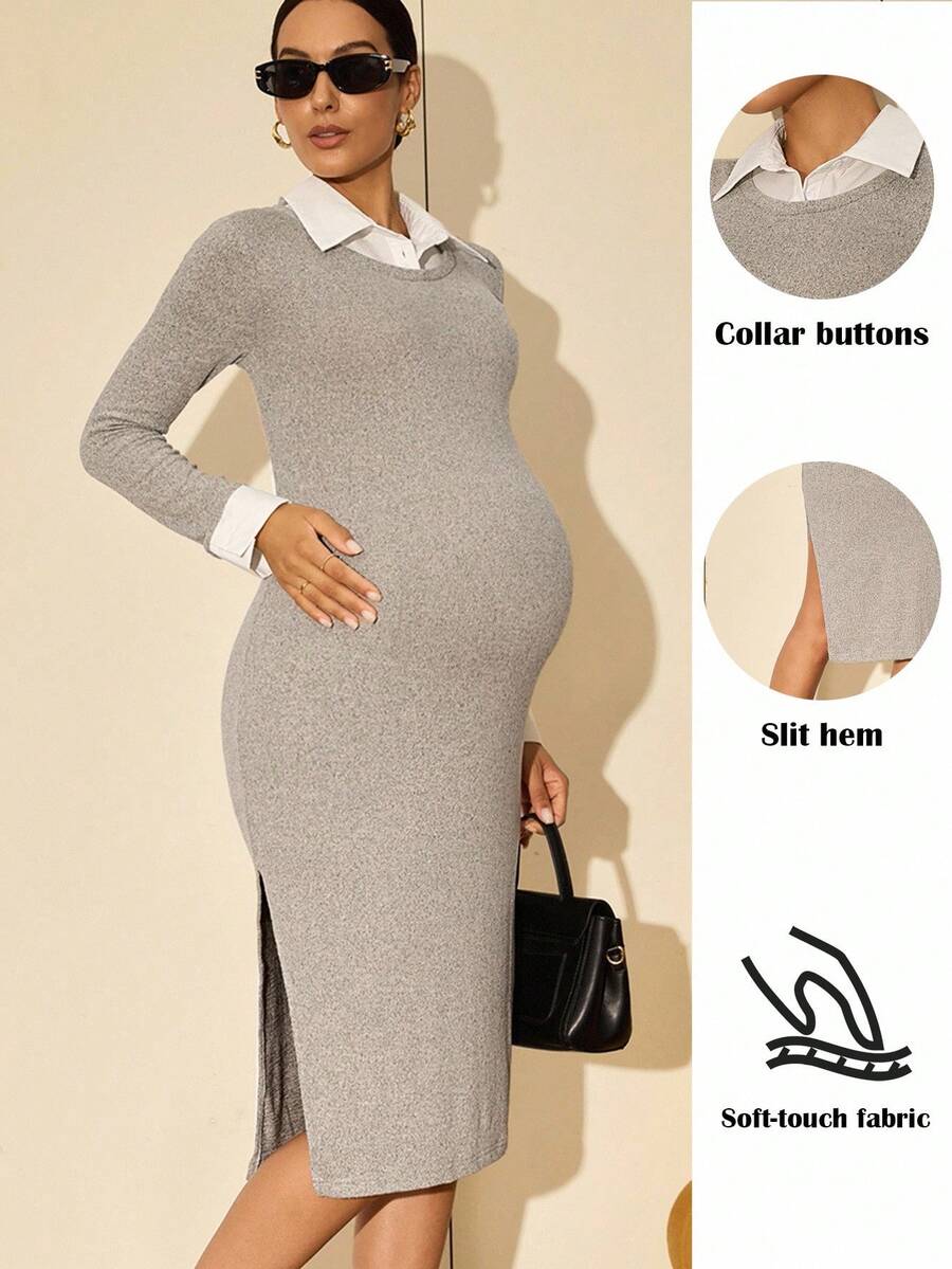 MaterniWear Elegant Maternity Colorblock Patchwork Fitted Dress For Commuting Long Sleeve  Dress For Pregnant Women Maternity Clothes Fall Winter Maternity Dress For Work    Maternity Dress Elegant Dresses For Women