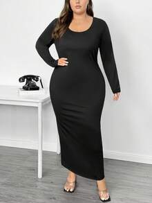 SHEIN CURVE+ 大尺碼純色圓領貼身長洋裝 2026 秋冬聖誕款 22W - 黑色 - 查看 4