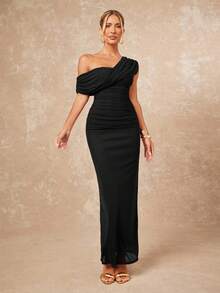 Lumalex 2025新款夏季海滩度假复活节波西米亚风沙滩户外婚礼季派对成人仪式返校派对优雅安哥拉红色网纱单肩褶皱修身长裙女装，优雅女装 - 黑色 - 查看 4