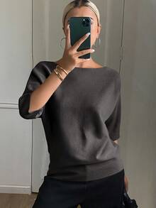 DAZY 女士纯色修身船领半袖休闲优雅针织上衣，秋冬款 - 深灰色 - 查看 3